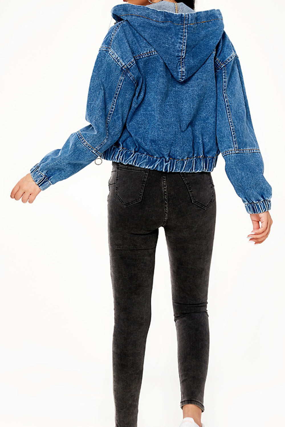 Women Long Sleeve Loose Hood Neck Zipper Closure Solid Colored Warm Denim Jacket