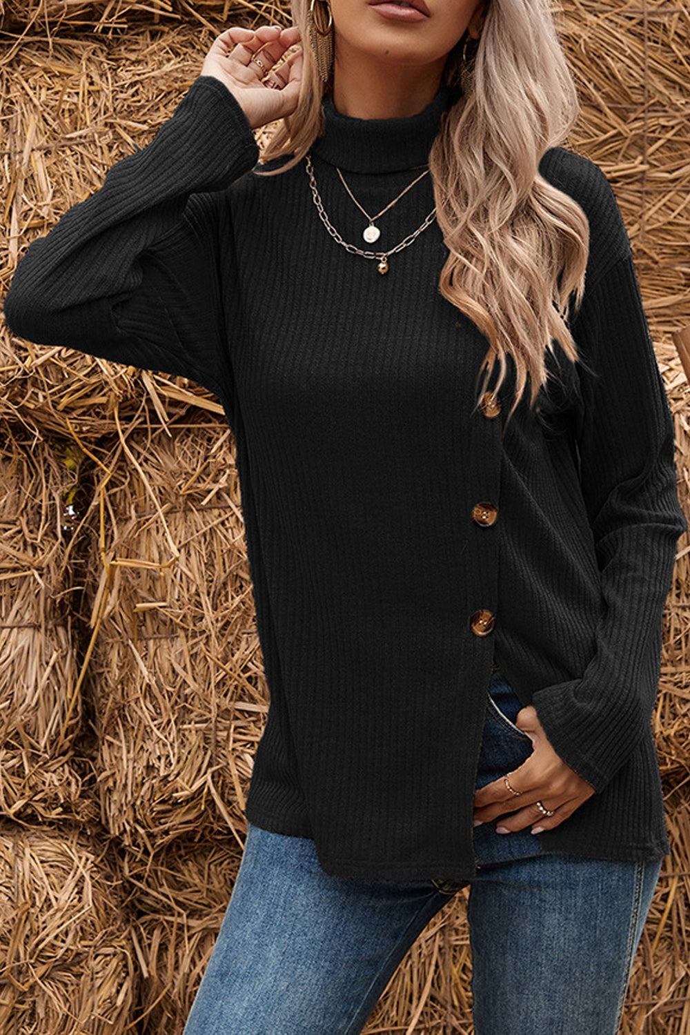 Women Attractive Side Button Closure High Neck Comfy Winter Cardigan