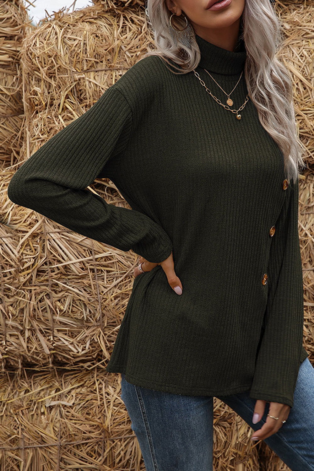 Women Attractive Side Button Closure High Neck Comfy Winter Cardigan