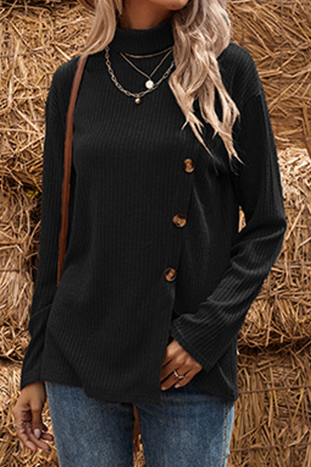 Women Attractive Side Button Closure High Neck Comfy Winter Cardigan