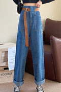 Women Sophisticated Solid Colored Relaxed Fit Belt High-Waist Thin & Comfortable Denim Jeans
