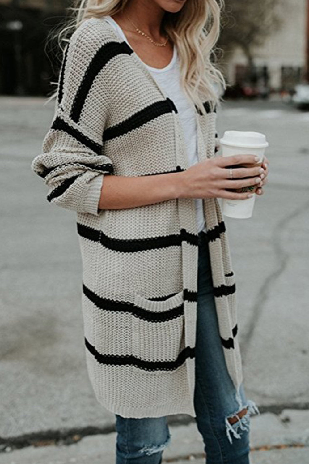 Women Casual Loose Fit Front Open Style Stripe Pattern Long Sleeve Winter Cardigan