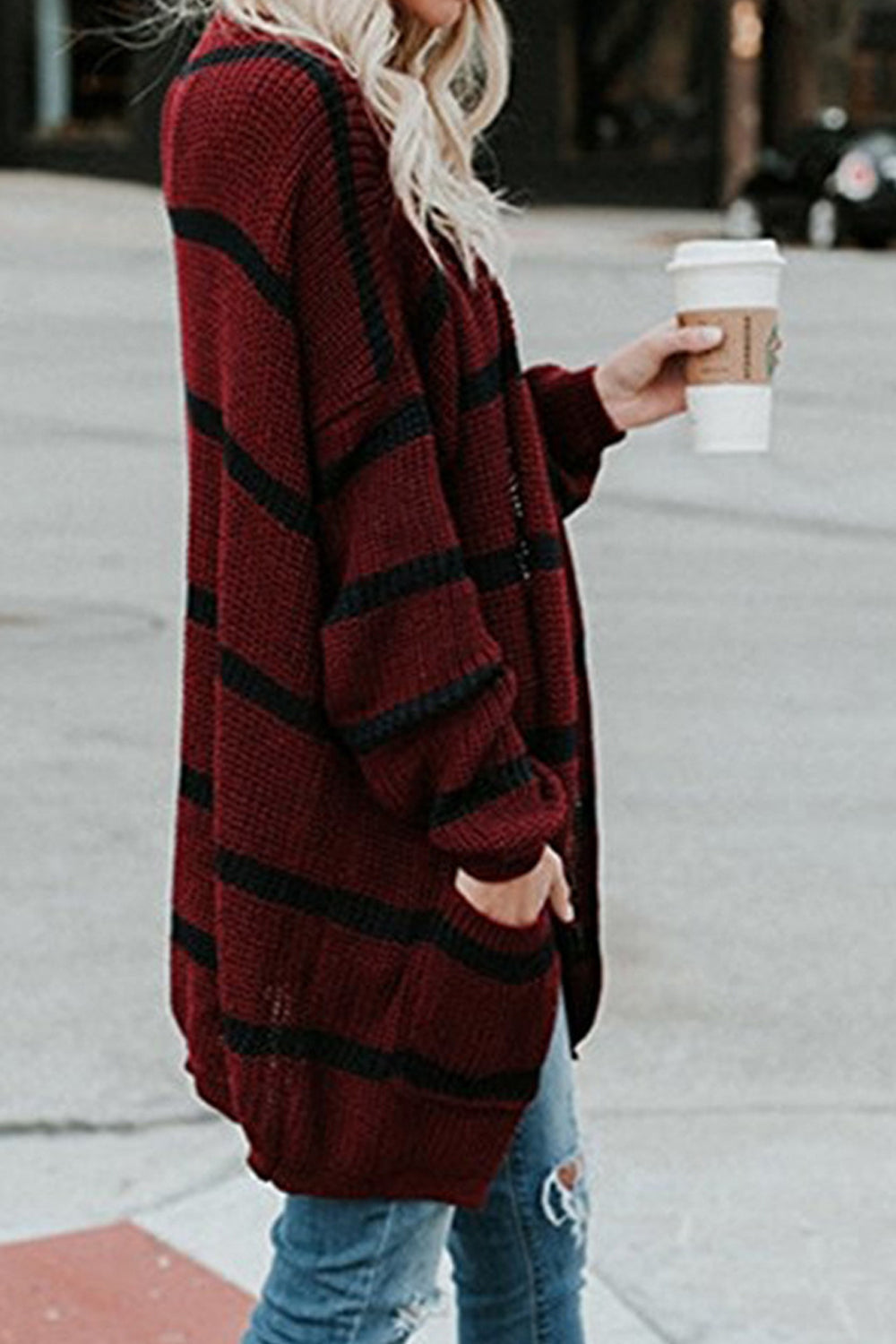 Women Casual Loose Fit Front Open Style Stripe Pattern Long Sleeve Winter Cardigan