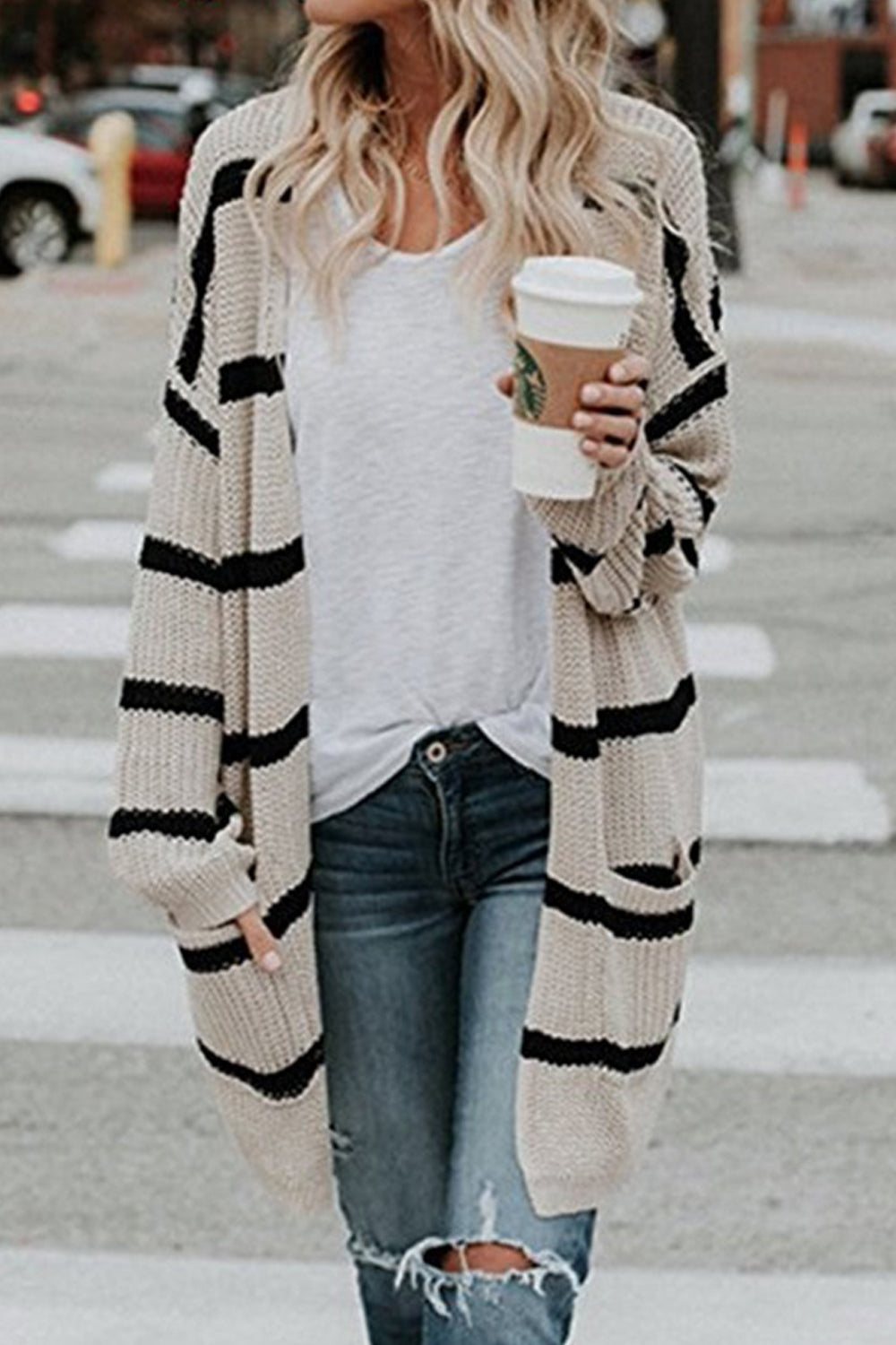 Women Casual Loose Fit Front Open Style Stripe Pattern Long Sleeve Winter Cardigan
