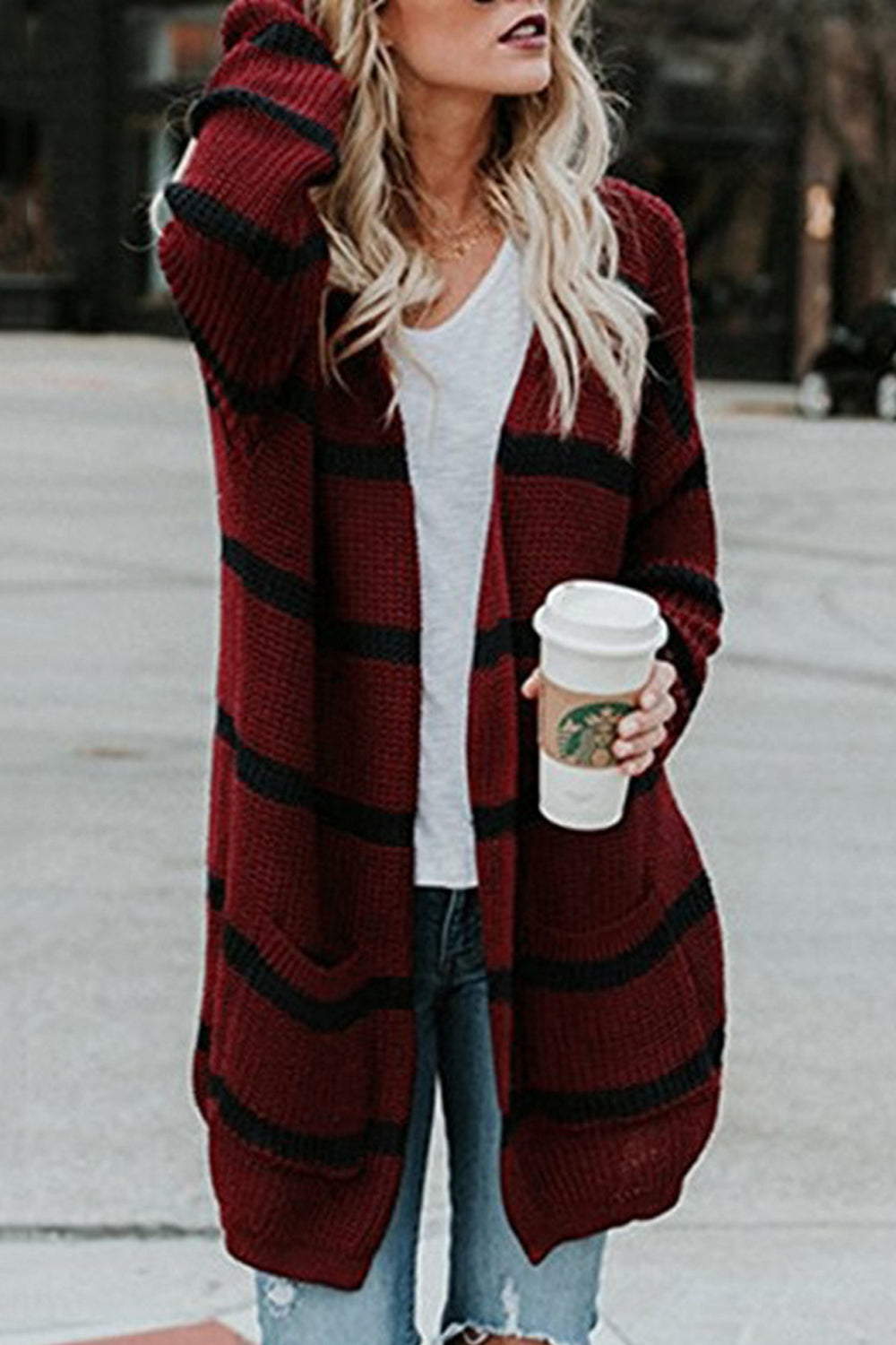 Women Casual Loose Fit Front Open Style Stripe Pattern Long Sleeve Winter Cardigan