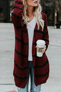 Women Casual Loose Fit Front Open Style Stripe Pattern Long Sleeve Winter Cardigan