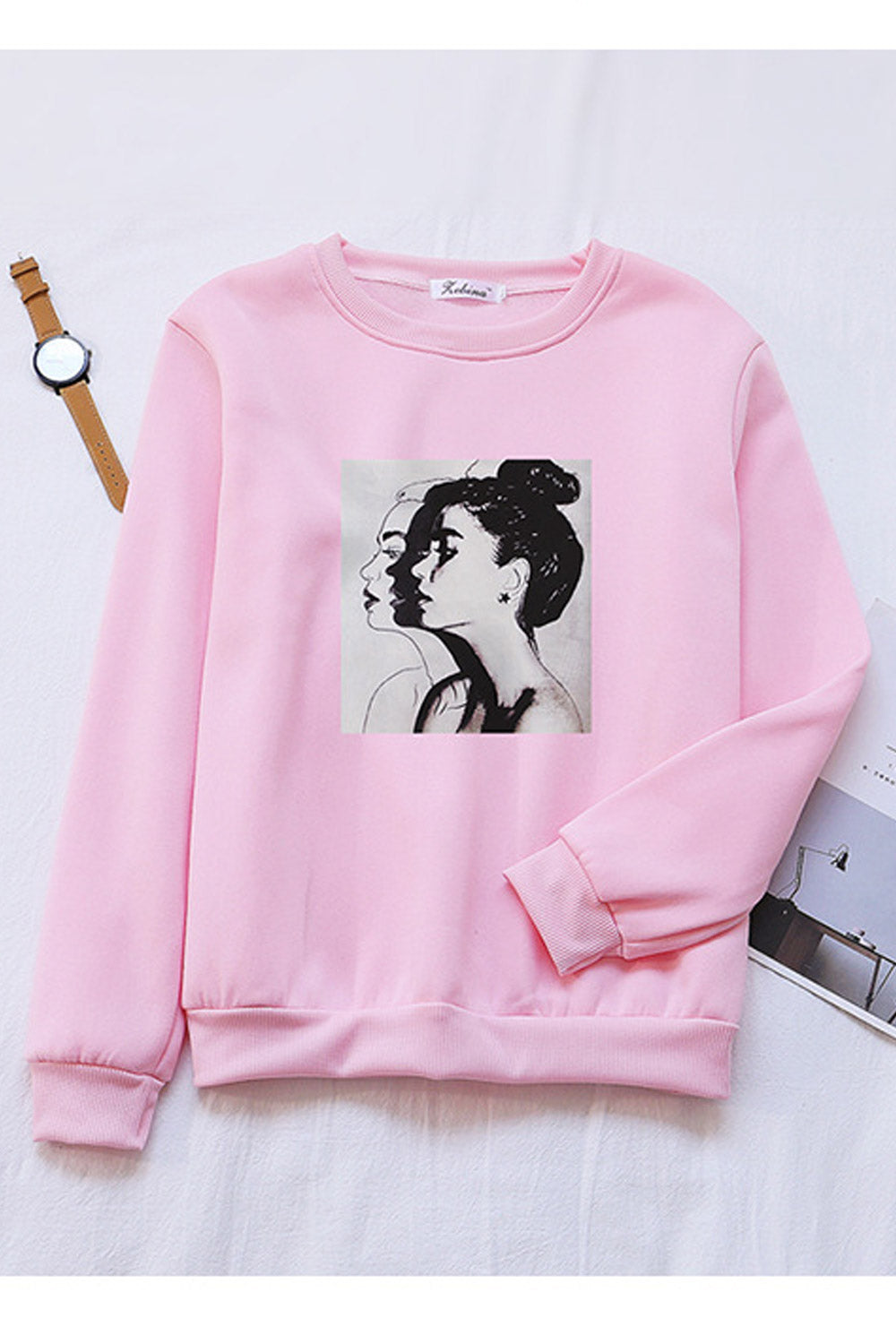 Women Fancy Printed Pattern Ribbed Hem Pullover Long Sleeve Winter Sweatshirt