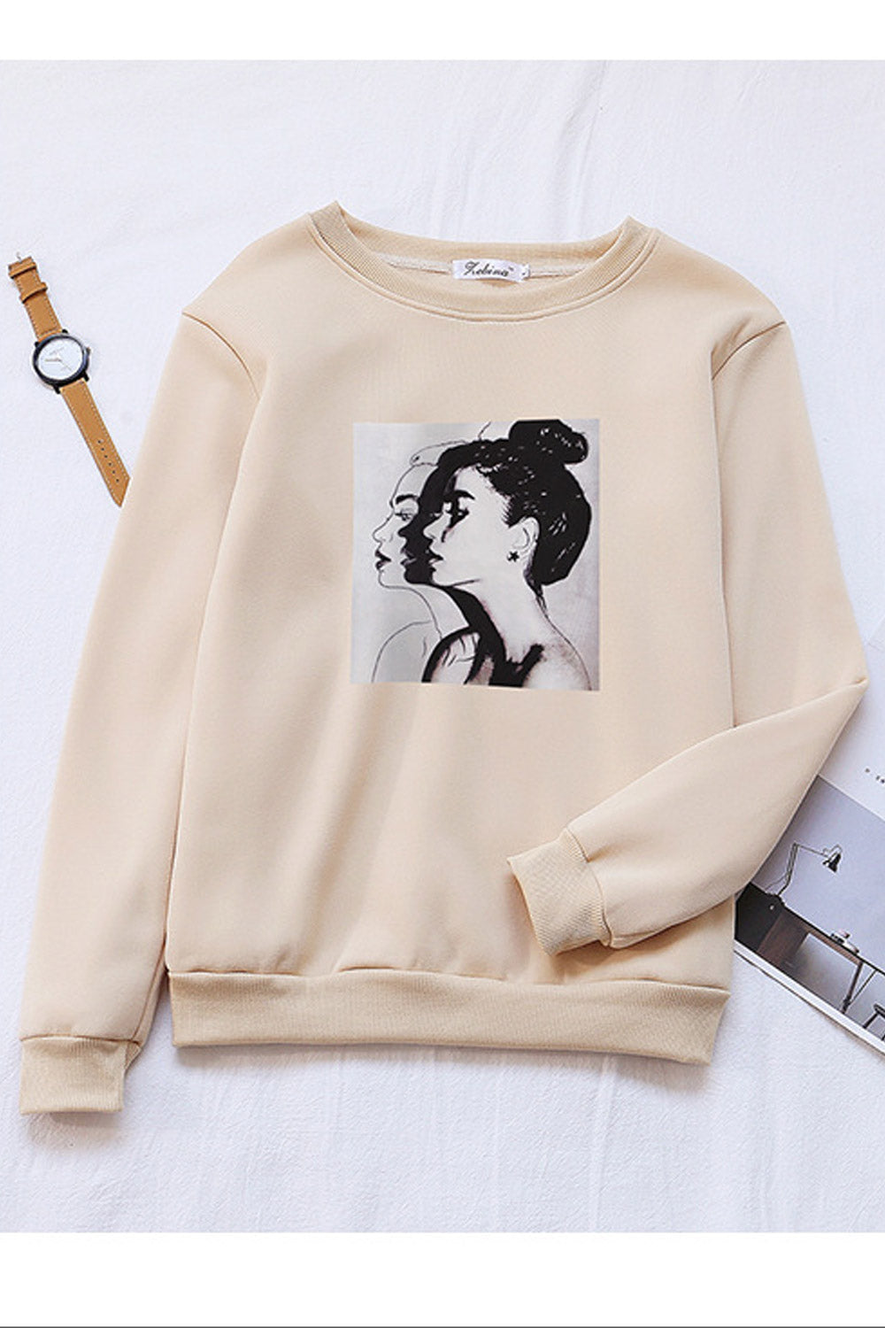 Women Fancy Printed Pattern Ribbed Hem Pullover Long Sleeve Winter Sweatshirt