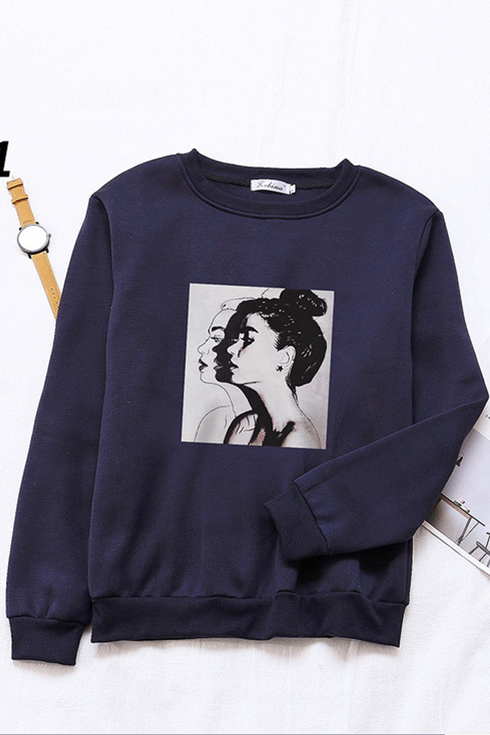 Women Fancy Printed Pattern Ribbed Hem Pullover Long Sleeve Winter Sweatshirt