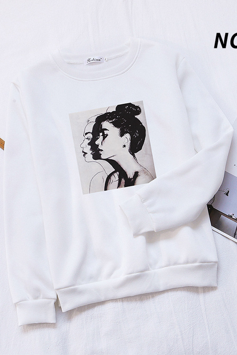 Women Fancy Printed Pattern Ribbed Hem Pullover Long Sleeve Winter Sweatshirt