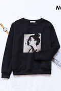 Women Fancy Printed Pattern Ribbed Hem Pullover Long Sleeve Winter Sweatshirt