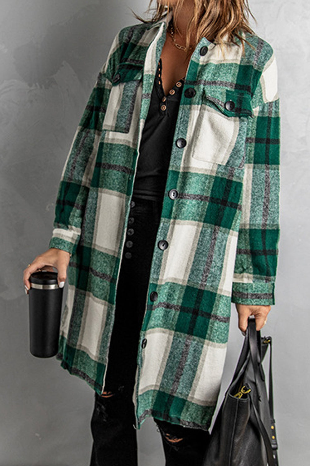 Women Awesome Long Shirt Style Having Pockets Collar Neck Easy Button Closure Winter Cardigan