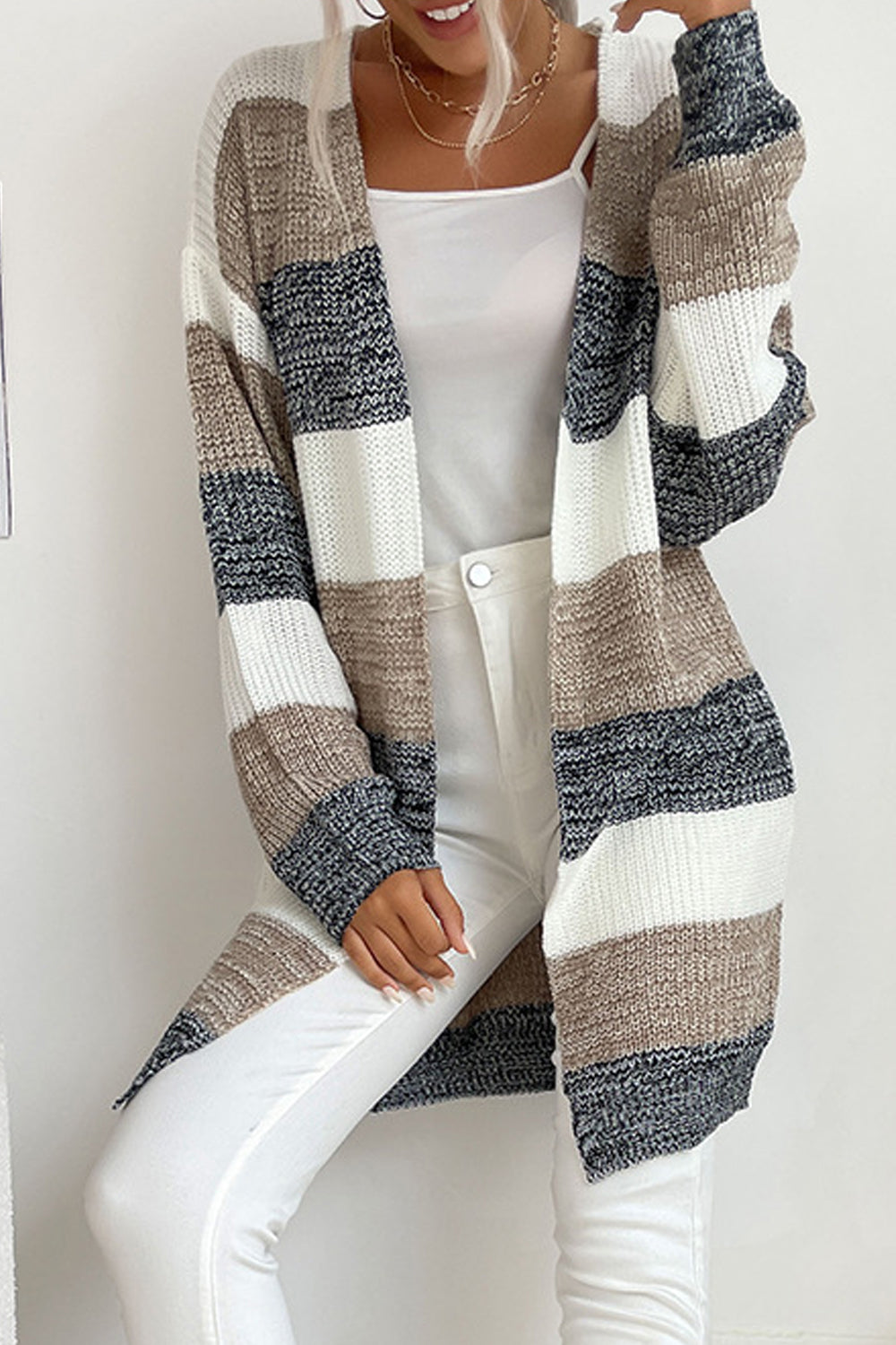 Women Magnificent Front Open Stripe Pattern Comfy Winter Fashionic Warm Cardigan