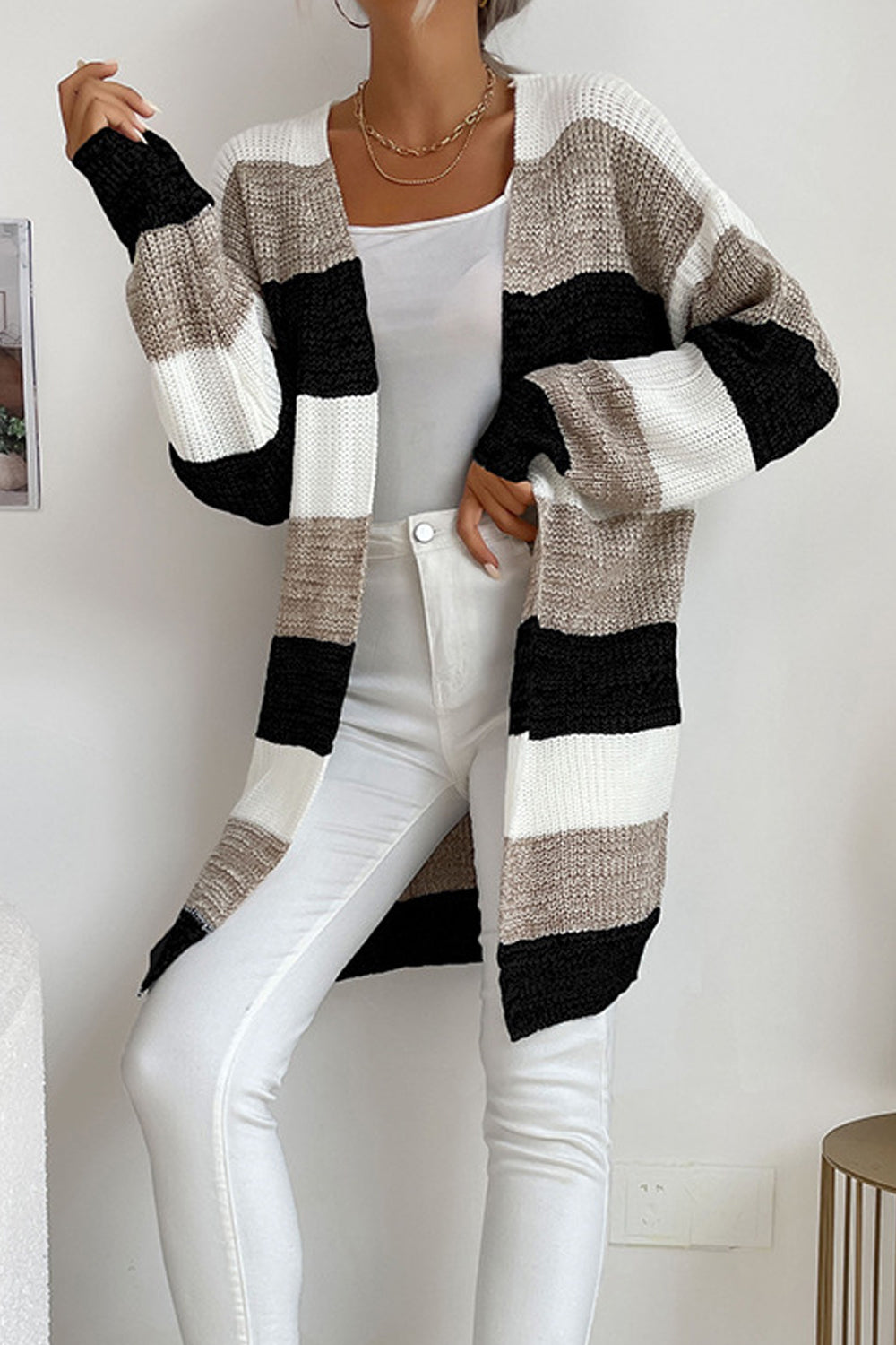 Women Magnificent Front Open Stripe Pattern Comfy Winter Fashionic Warm Cardigan
