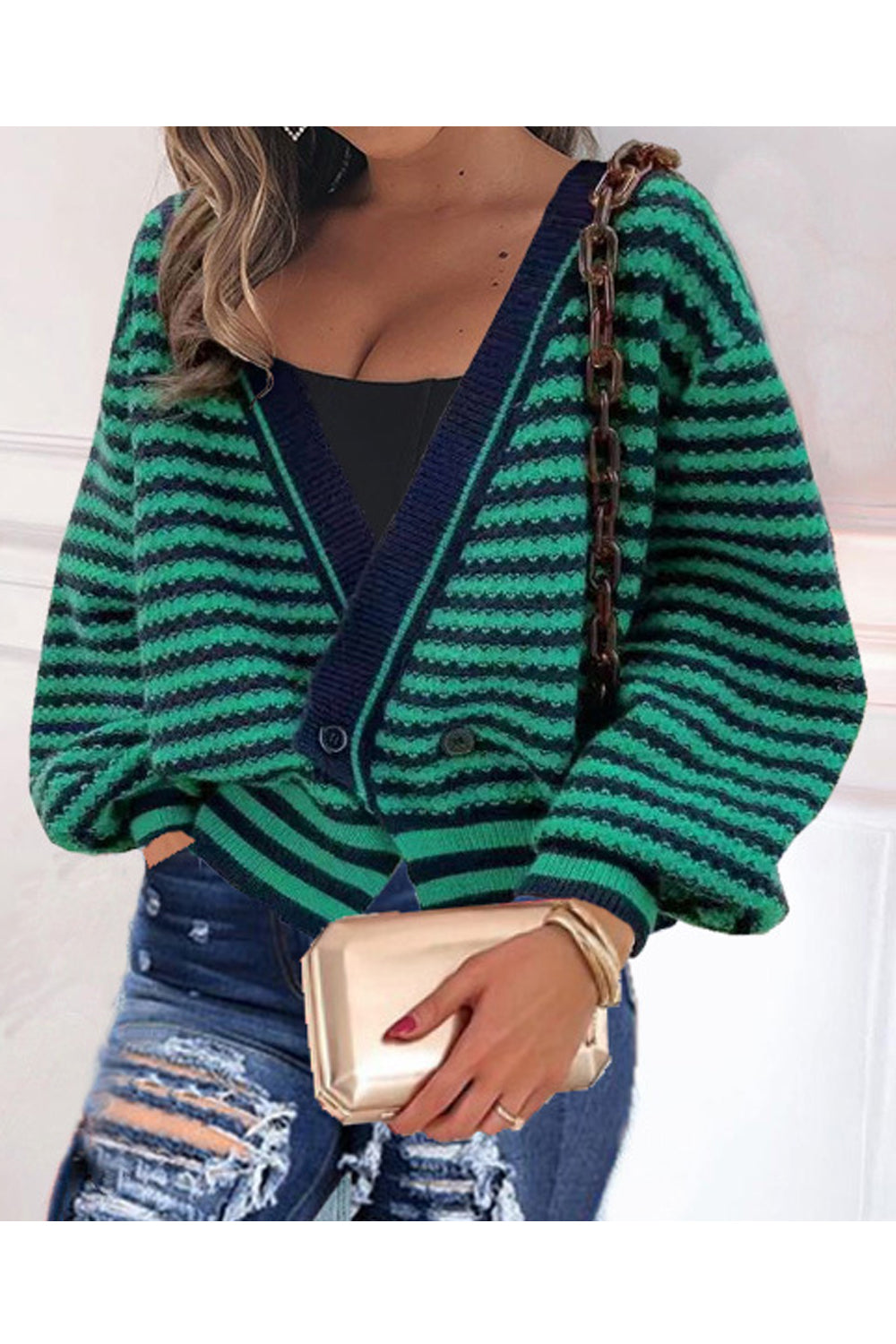 Women Fascinating Stripe Pattern Cross Button Closure Loose Fit Ribbed Cuff Knitted Warm Cardigan