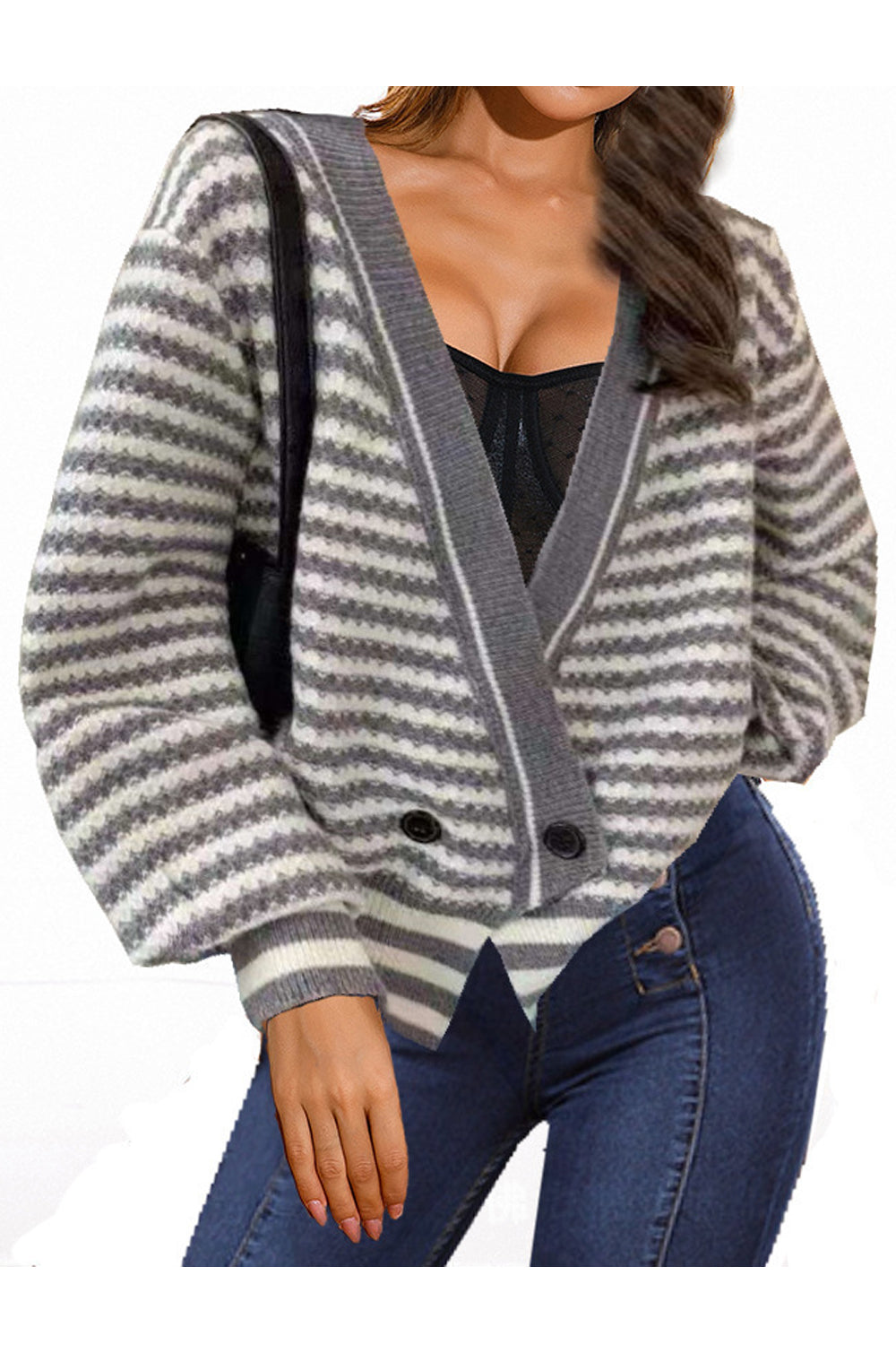 Women Fascinating Stripe Pattern Cross Button Closure Loose Fit Ribbed Cuff Knitted Warm Cardigan