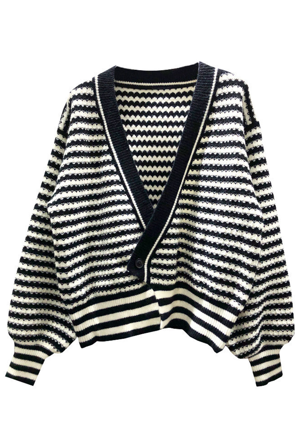 Women Fascinating Stripe Pattern Cross Button Closure Loose Fit Ribbed Cuff Knitted Warm Cardigan