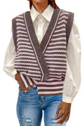 Women Fascinating Stripe Pattern Cross Button Closure Loose Fit Ribbed Cuff Knitted Warm Cardigan