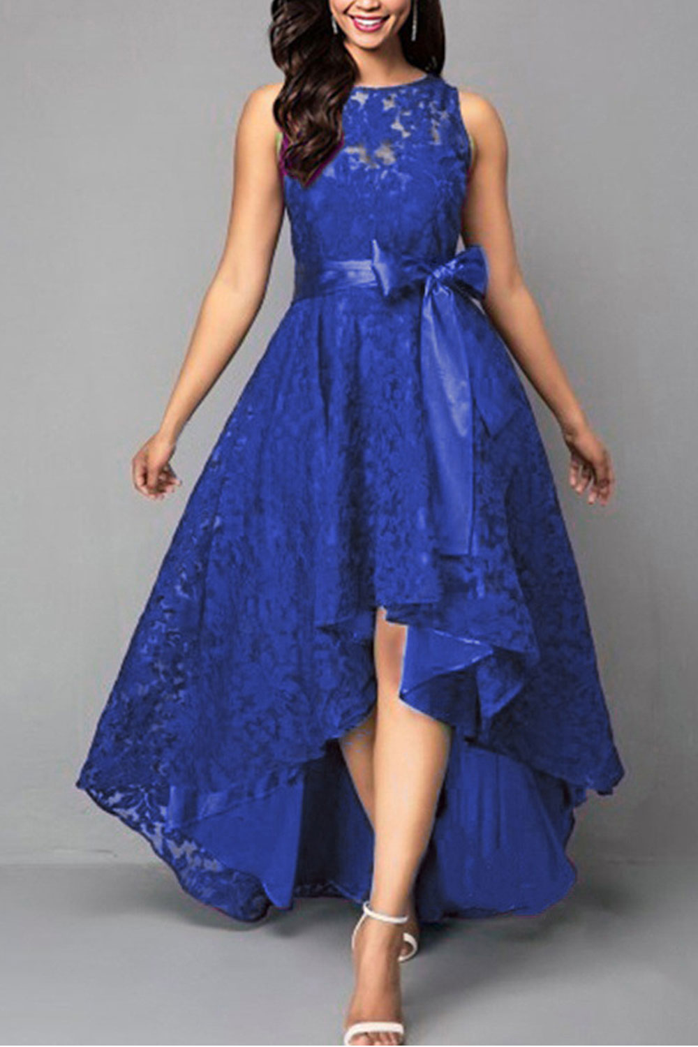 Women Spendid Ribbon Waist Style Round Neck Sleeveless Floral Lace Decorated Irregular Gown Evening Dress