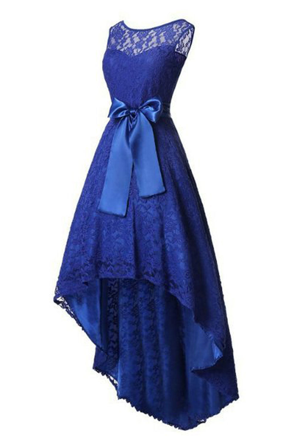 Women Spendid Ribbon Waist Style Round Neck Sleeveless Floral Lace Decorated Irregular Gown Evening Dress