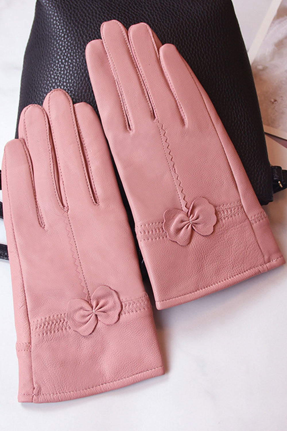 Women Comfy Material Windproof Lovely Floral Pattern Warm Outdoor Leather Gloves