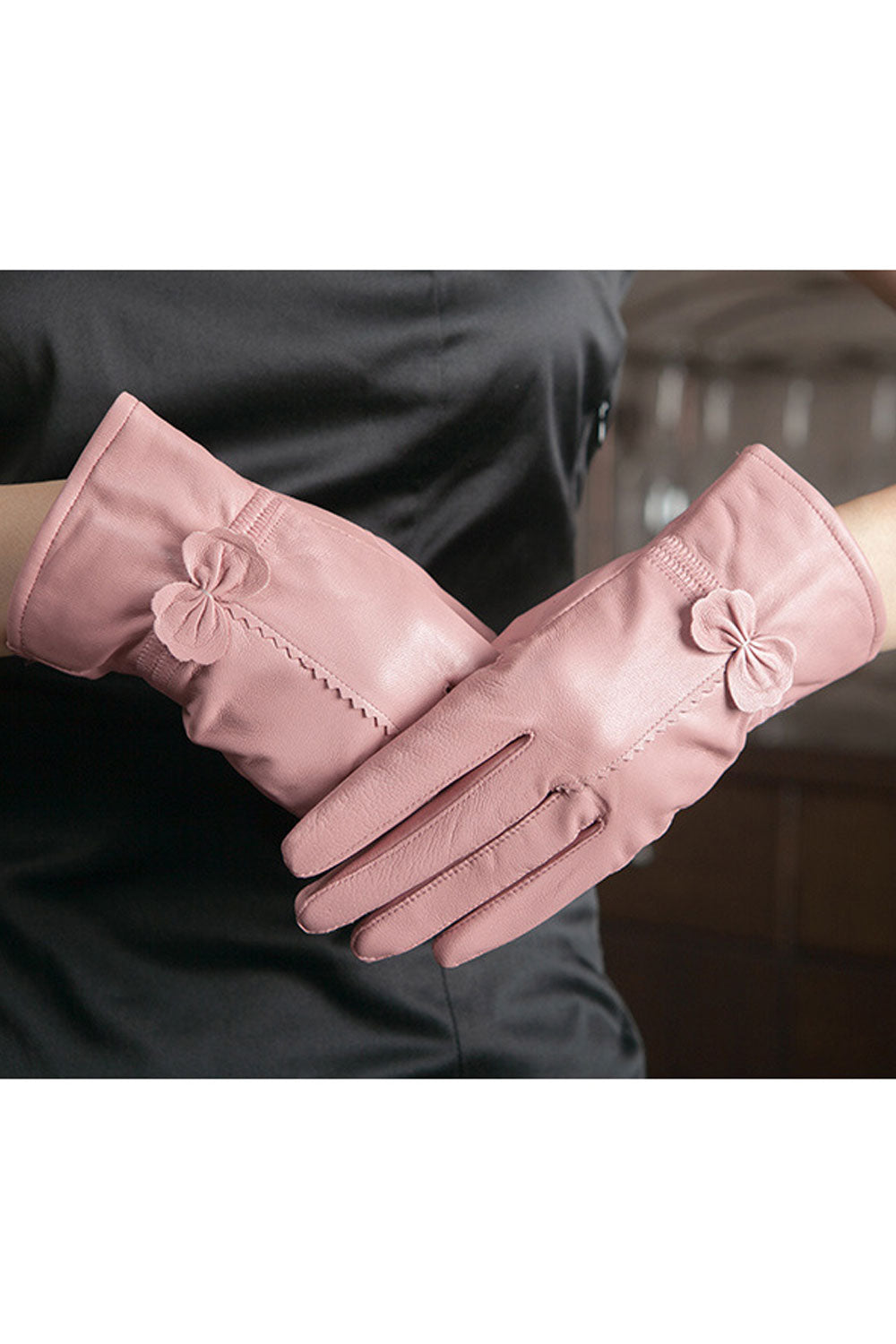 Women Comfy Material Windproof Lovely Floral Pattern Warm Outdoor Leather Gloves
