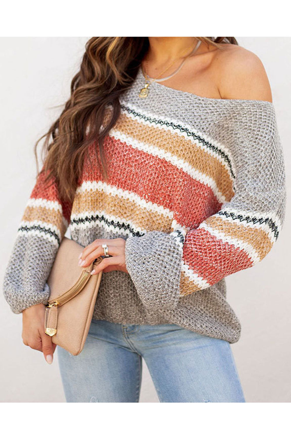 Women Beautiful Strip Pattern Loose Fit Round Neck Comfortable Knitted Winter Sweater