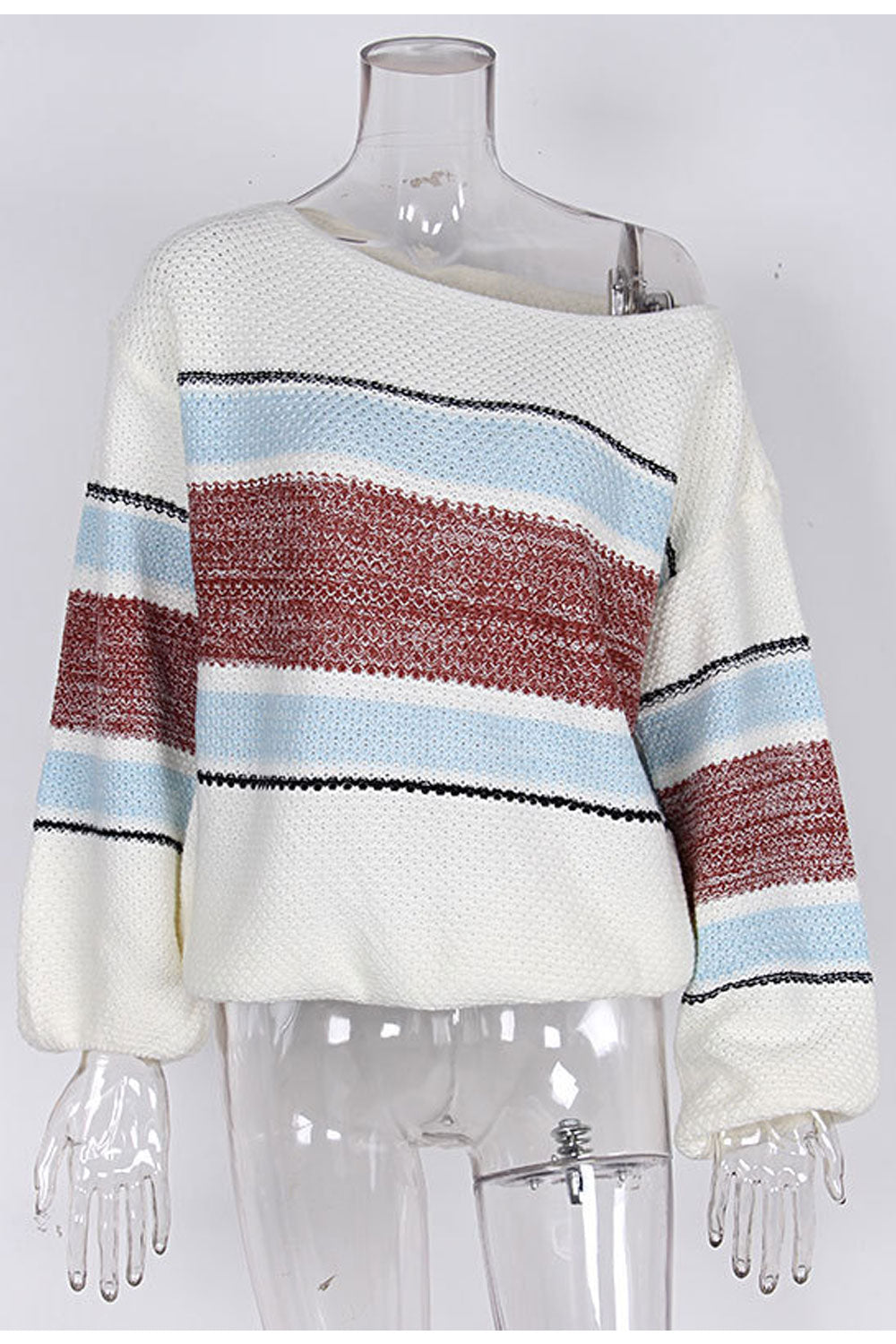 Women Beautiful Strip Pattern Loose Fit Round Neck Comfortable Knitted Winter Sweater