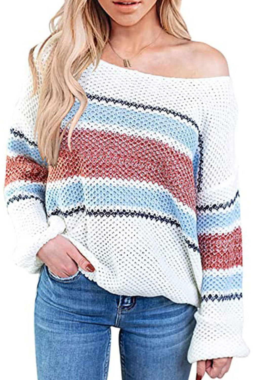 Women Beautiful Strip Pattern Loose Fit Round Neck Comfortable Knitted Winter Sweater