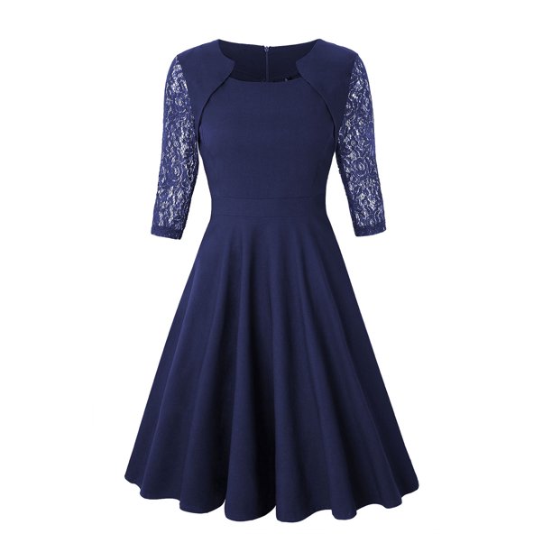Women Lace Long Sleeve Solid Swing Dress