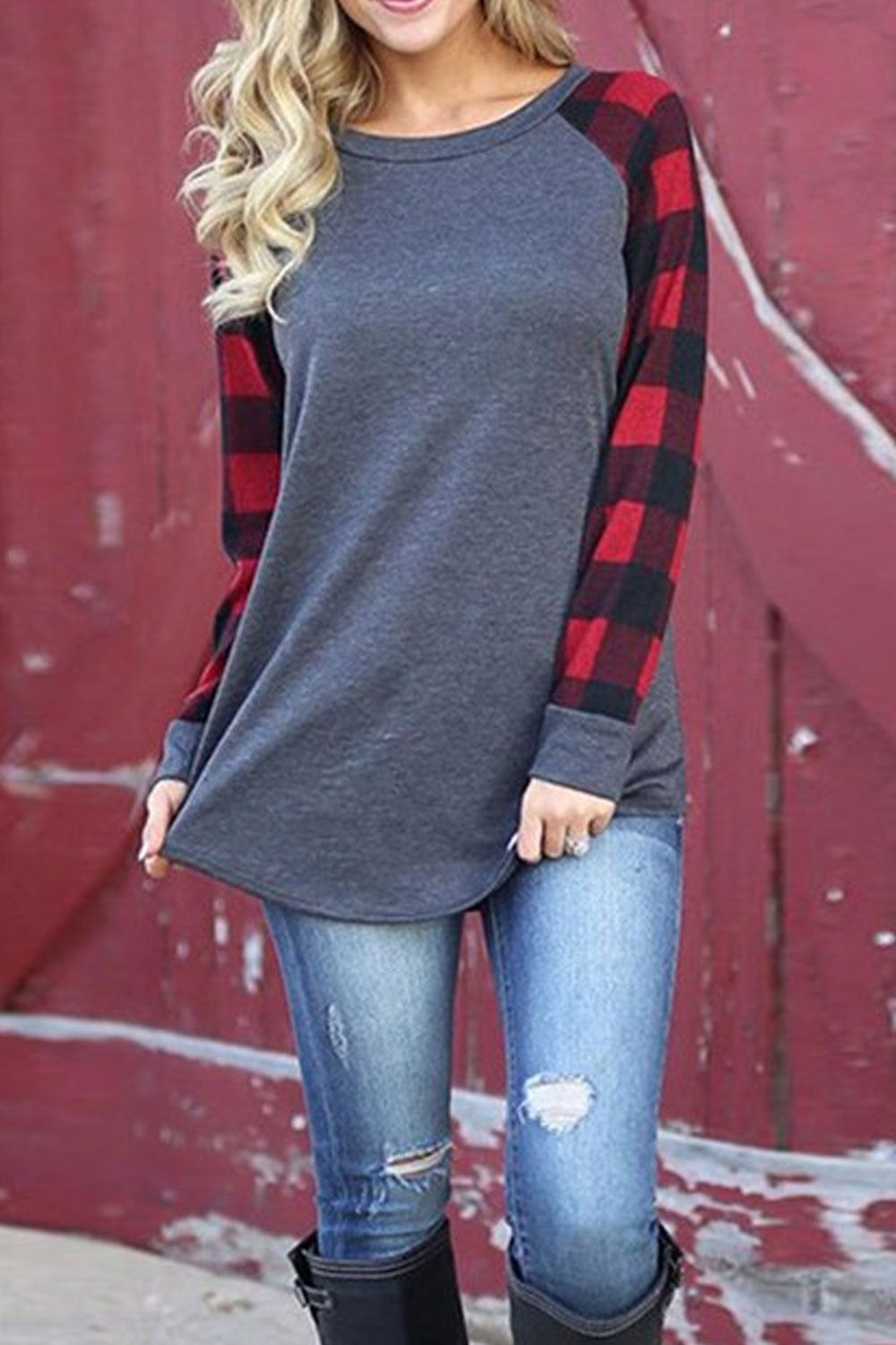 Peters Women Round Neck Long Plaid Sleeve Casual Top