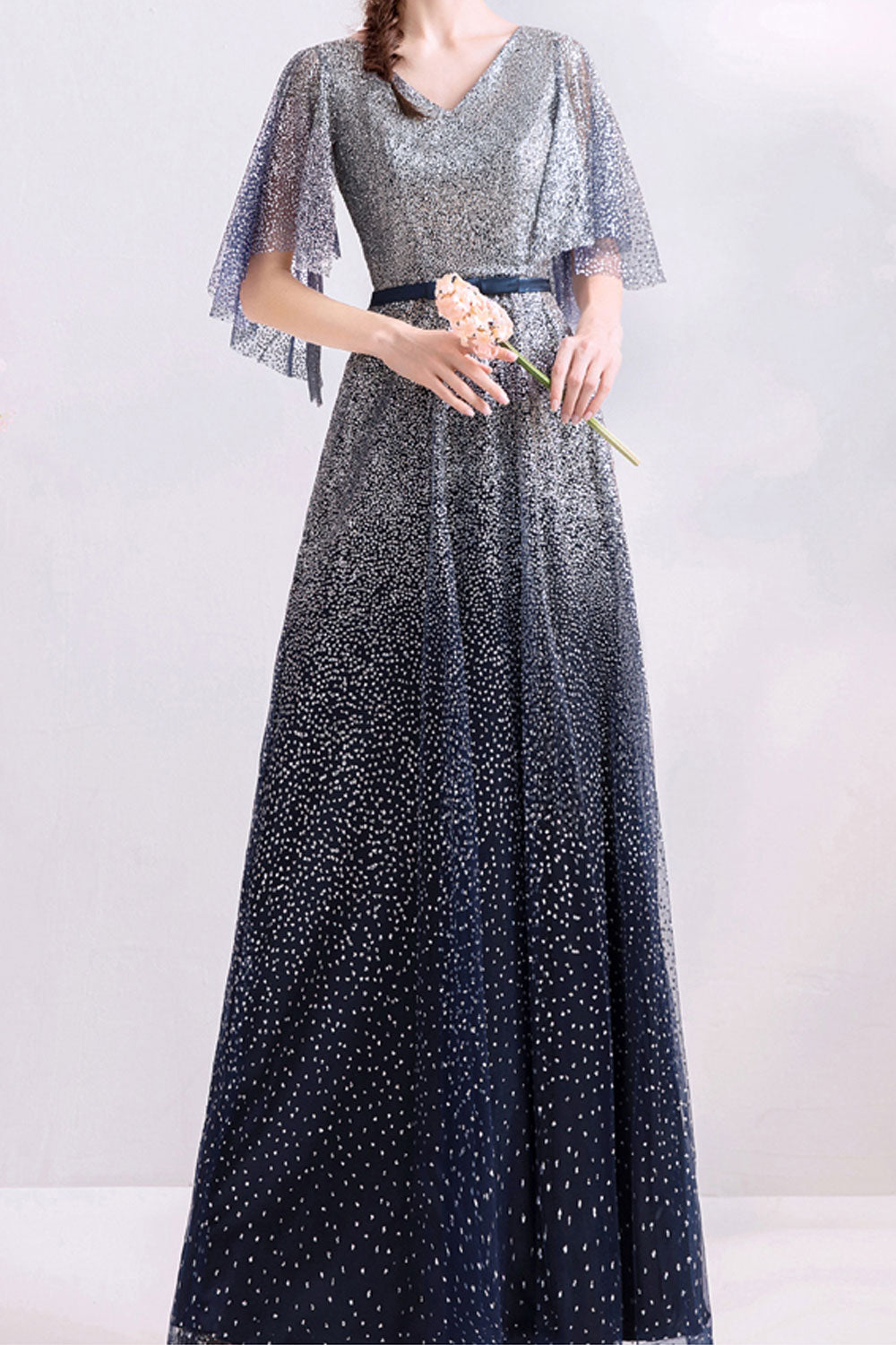 Women V-Neck Thin Short Sleeve Slim Waist Splendid Solid Pattern Long Length Summer Party Dress