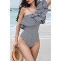 Women Striped One Shoulder Ruffled Swimsuit