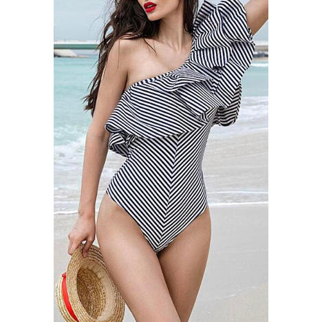 Women Striped One Shoulder Ruffled Swimsuit