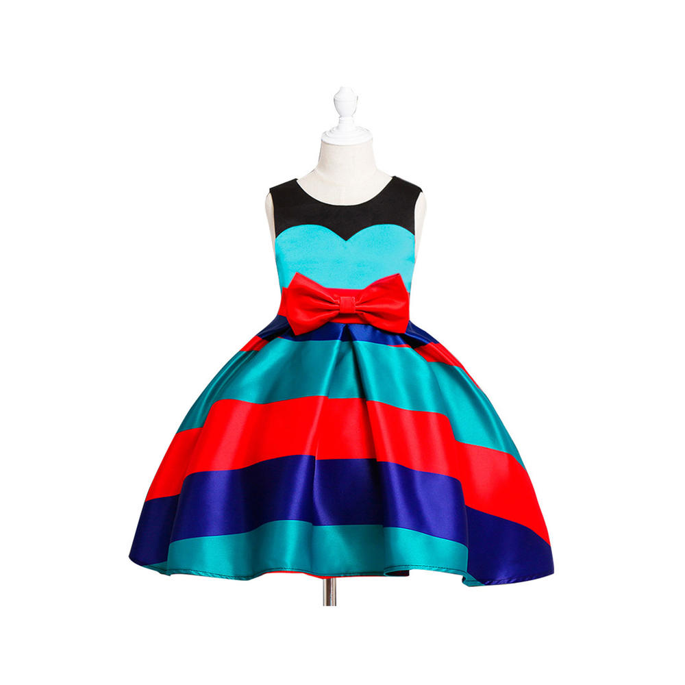 Kids Girls Round Neck Waist Bow Striped Dress