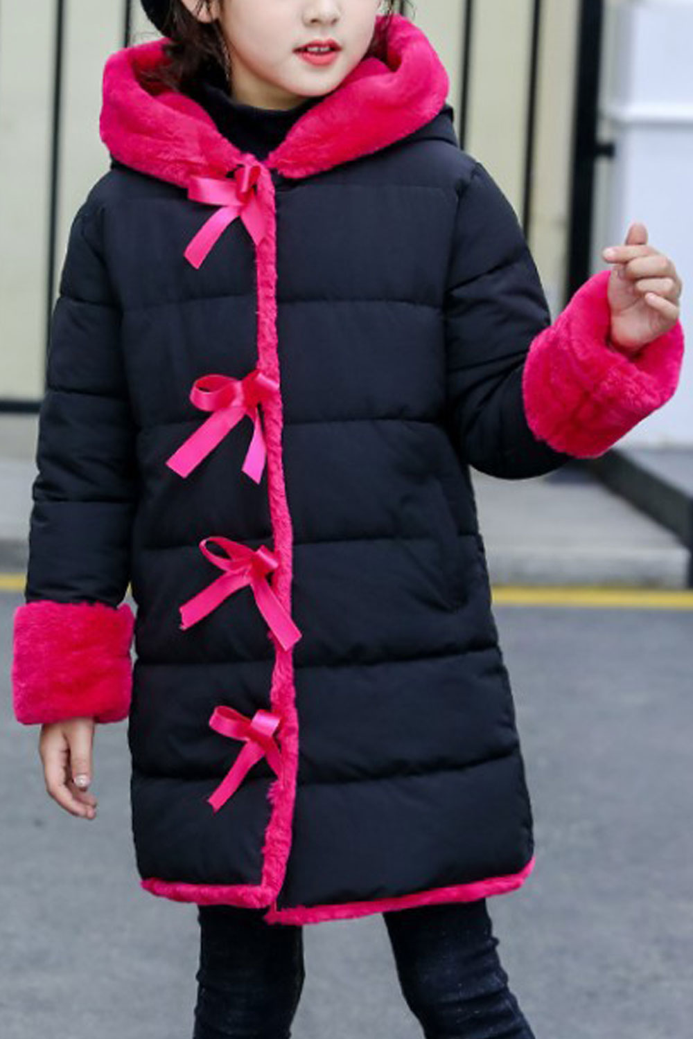 Kids Girls Beautiful Ribbon Decorated Snap Button Closure Side Pockets Warm & Thick Padded Jacket