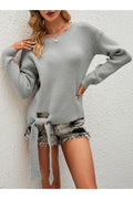 Women Solid Pattern Long Sleeve Round Neck Fancy Waist Knitted Winter Sweater