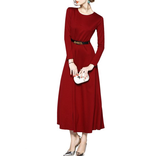 Women Alluring Long Sleeve Round Neck Solid Colored Constructed Lovely A-Line Dress