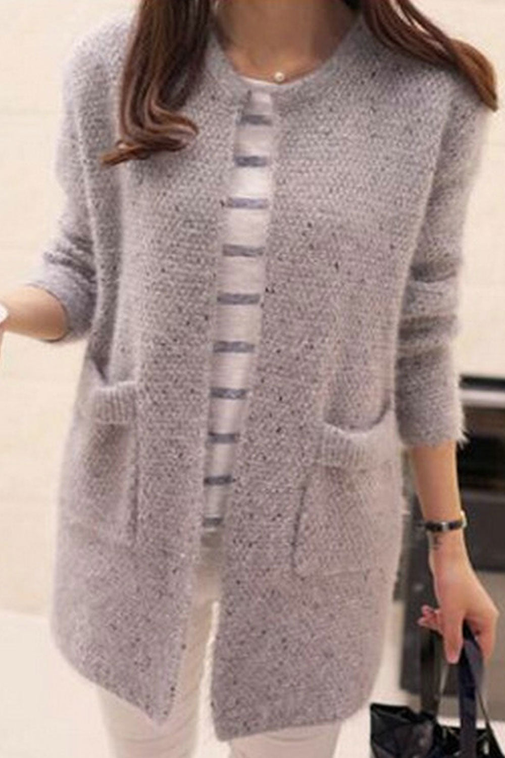 Women Winter Fashionable Front Open Style Round Neck Simple pockets Warm & Thick Cardigan