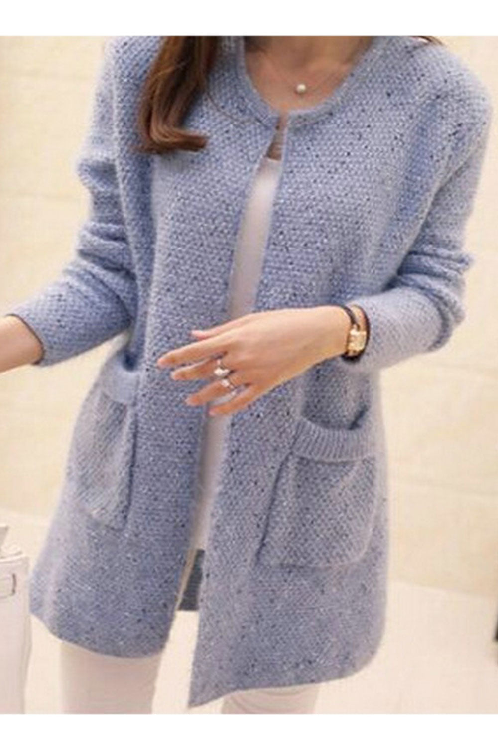 Women Winter Fashionable Front Open Style Round Neck Simple pockets Warm & Thick Cardigan
