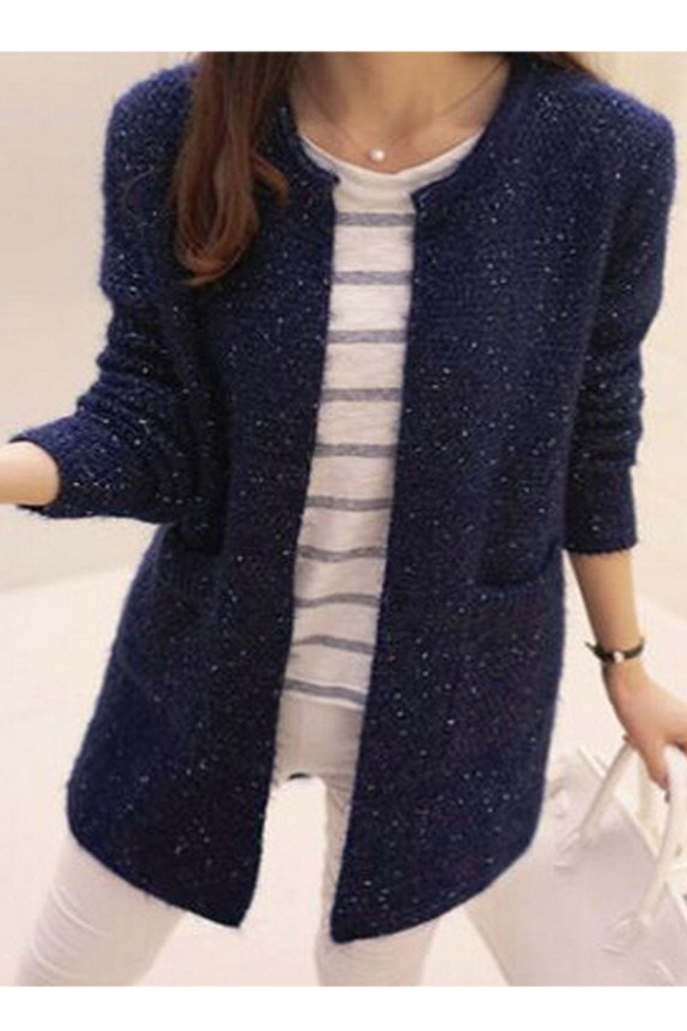 Women Winter Fashionable Front Open Style Round Neck Simple pockets Warm & Thick Cardigan