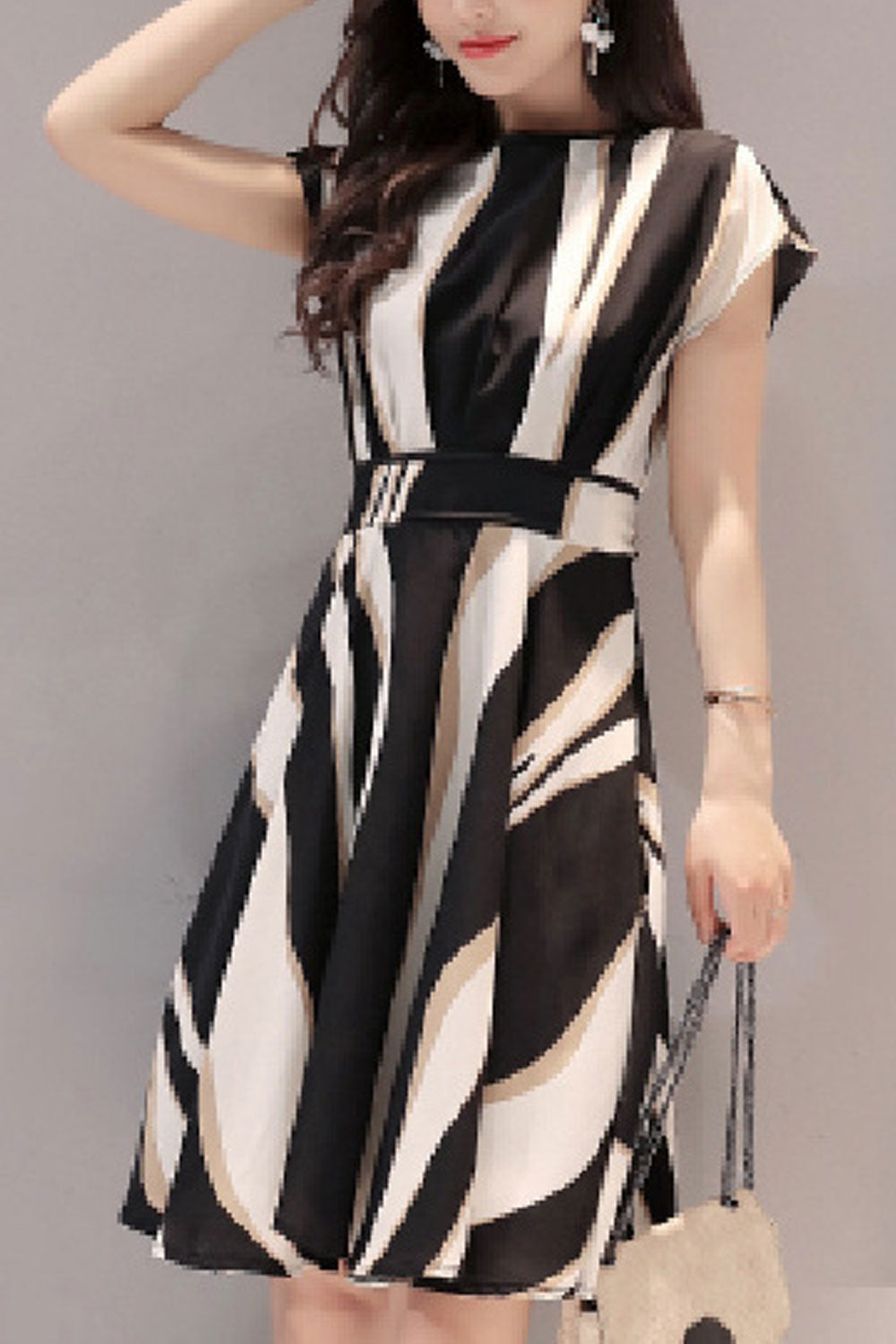 Women Outclass Zebra Printed Cap Sleeve Round Neck Mid-Length Mini Skirt Dress