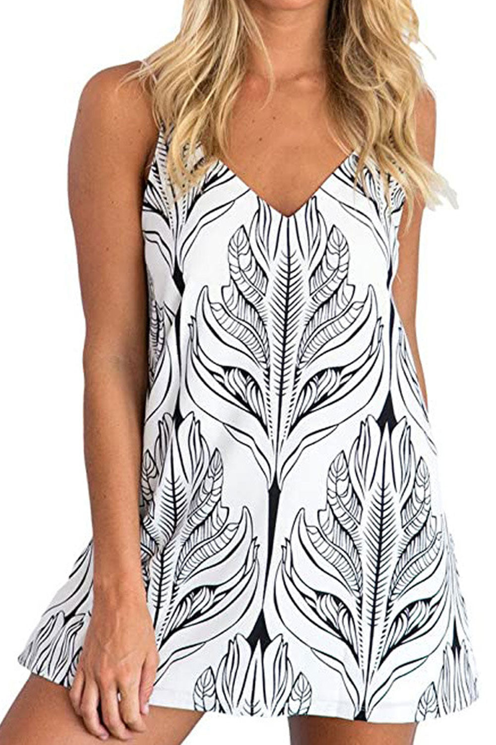 Women Restful Printed Pattern Strap Shoulder V-Neck Attractive Comfortable Summer Short Dress