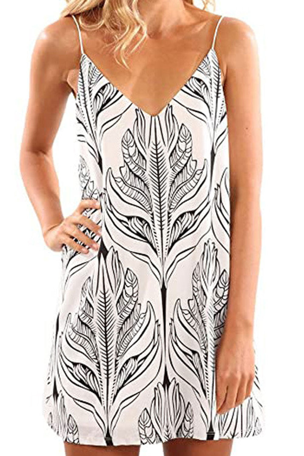 Women Restful Printed Pattern Strap Shoulder V-Neck Attractive Comfortable Summer Short Dress