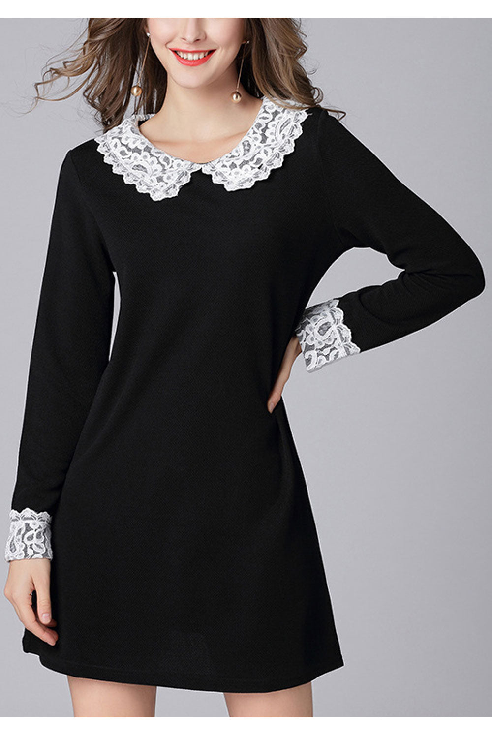Women Long Sleeves Peter Pan Net Designed Collar Dress