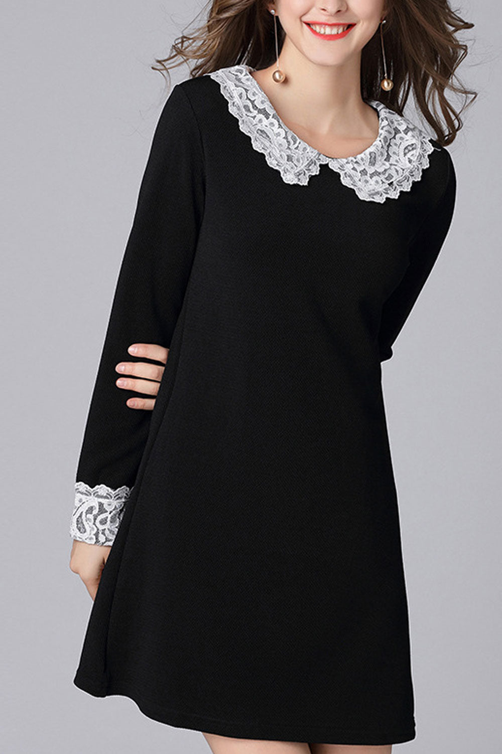 Women Long Sleeves Peter Pan Net Designed Collar Dress
