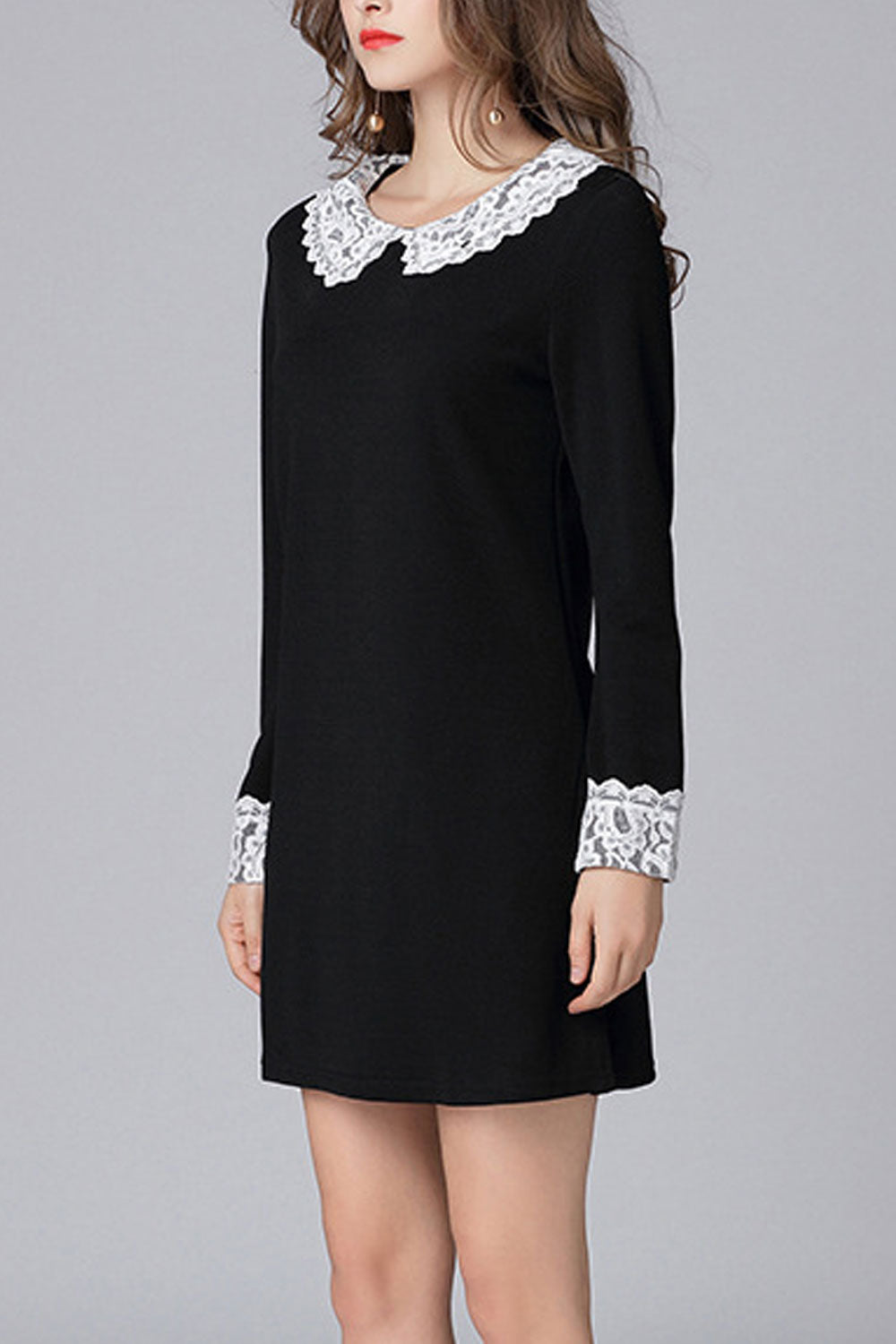 Women Long Sleeves Peter Pan Net Designed Collar Dress
