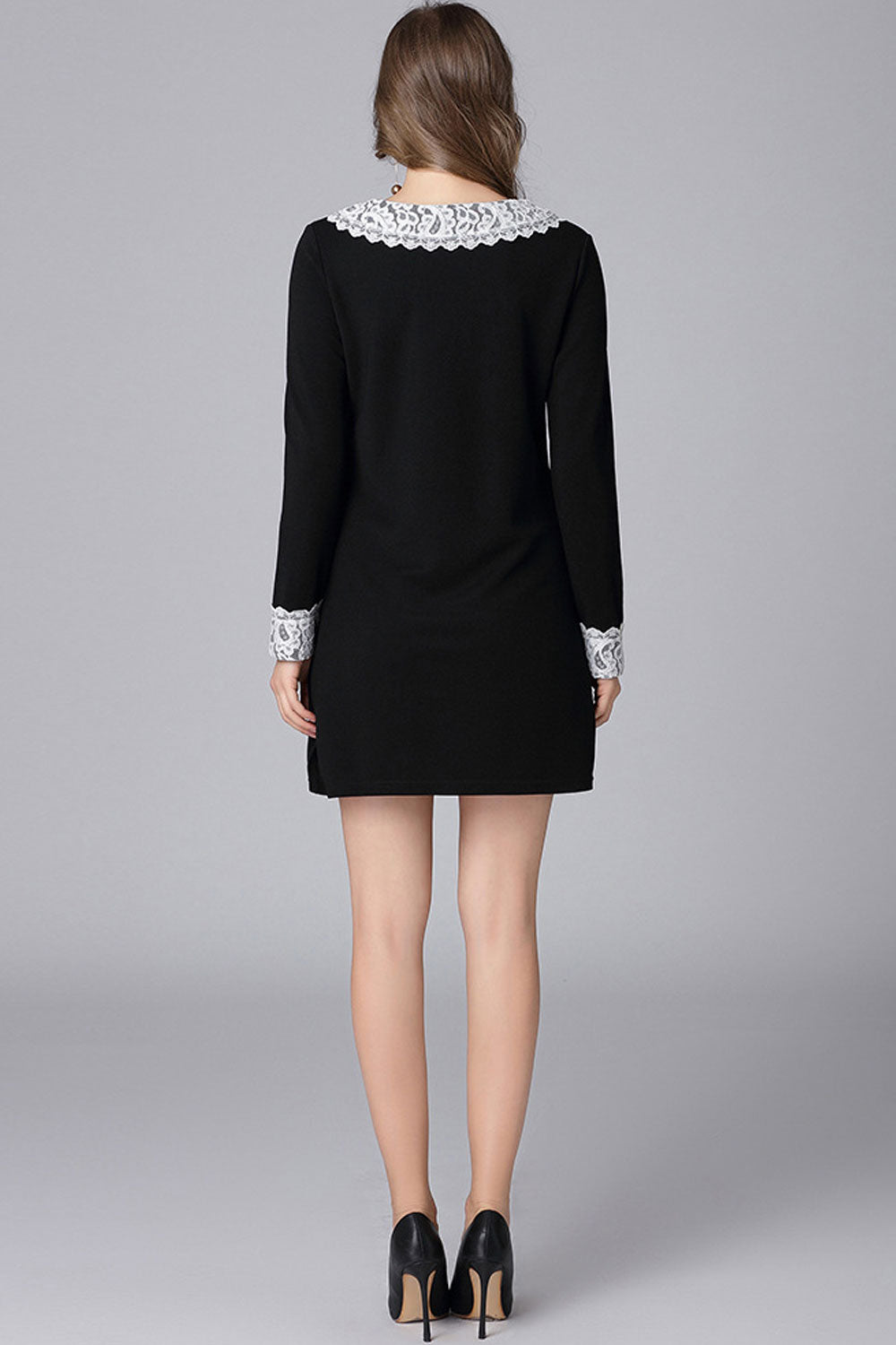 Women Long Sleeves Peter Pan Net Designed Collar Dress