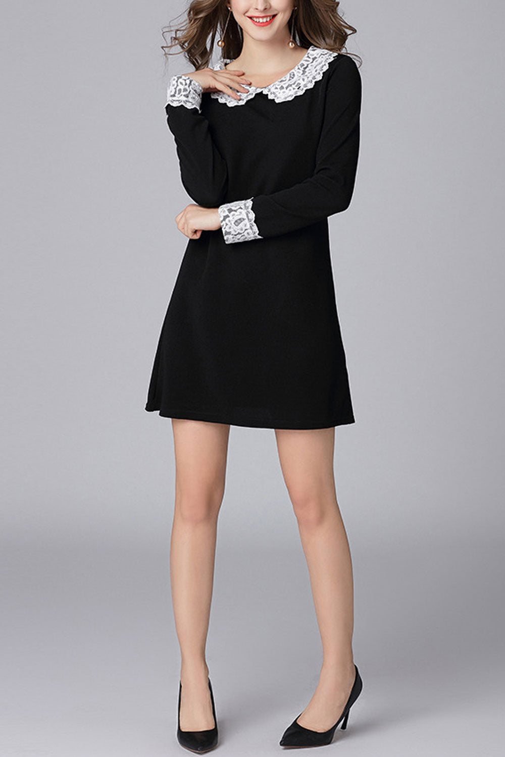 Women Long Sleeves Peter Pan Net Designed Collar Dress