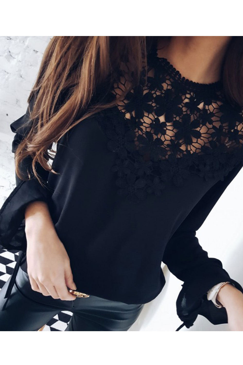 Women Dazzling Stitched Floral Lace Trumpet Sleeve Round Neck Comforatble & Fashionable Blouse